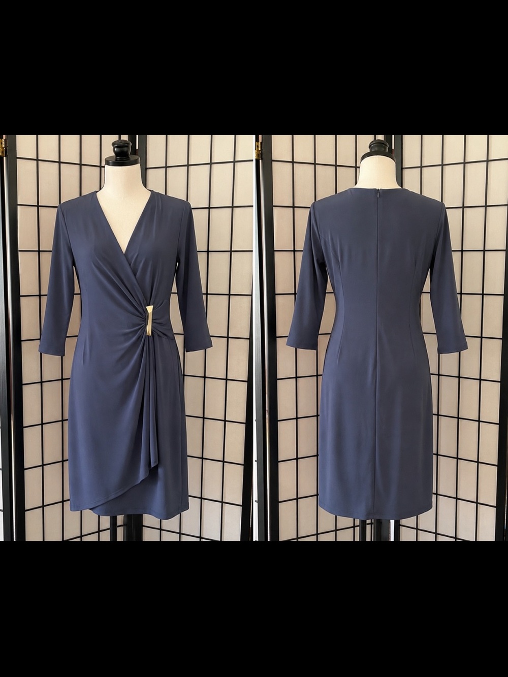Joseph Ribkoff Navy Wrap-Detail Midi Dress with Gold Accent
